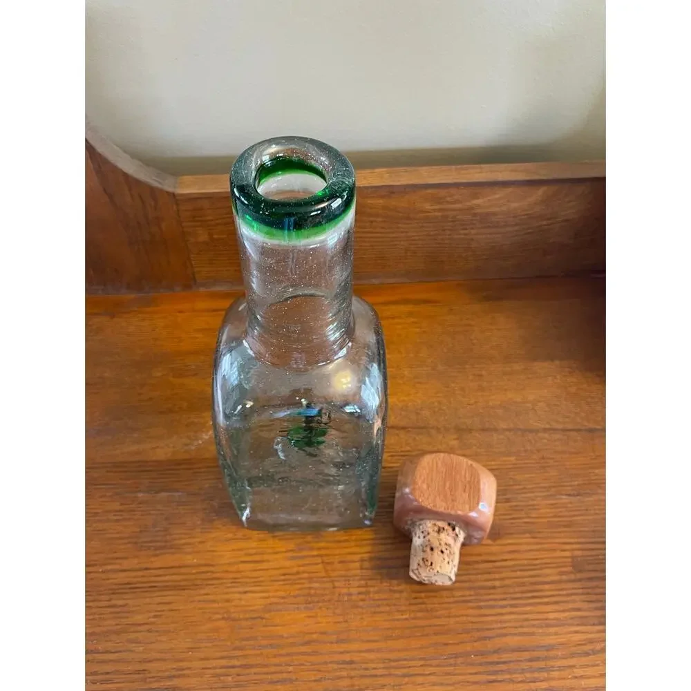 Casta Green Hand Blown Tequilla Bottle w/ Glass Agave Inside & Wood / Cork Top